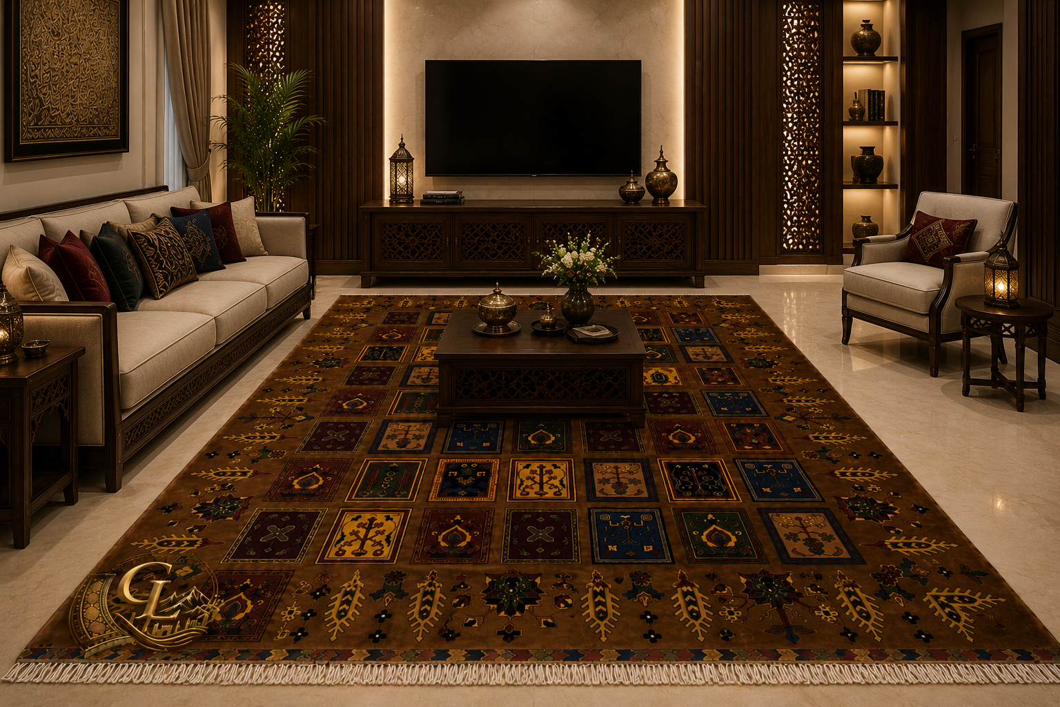 Belzhiki Mirror Design Afghan carpet styled in a luxury living room – handmade Turkman wool rug 2x3m, Mazar-e-Sharif, Afghanistan by Golden Loom