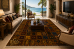 Belzhiki Mirror Design Afghan carpet in a bright luxury living room with ocean view – handmade Turkman wool rug 2x3m, Mazar-e-Sharif, Afghanistan by Golden Loom