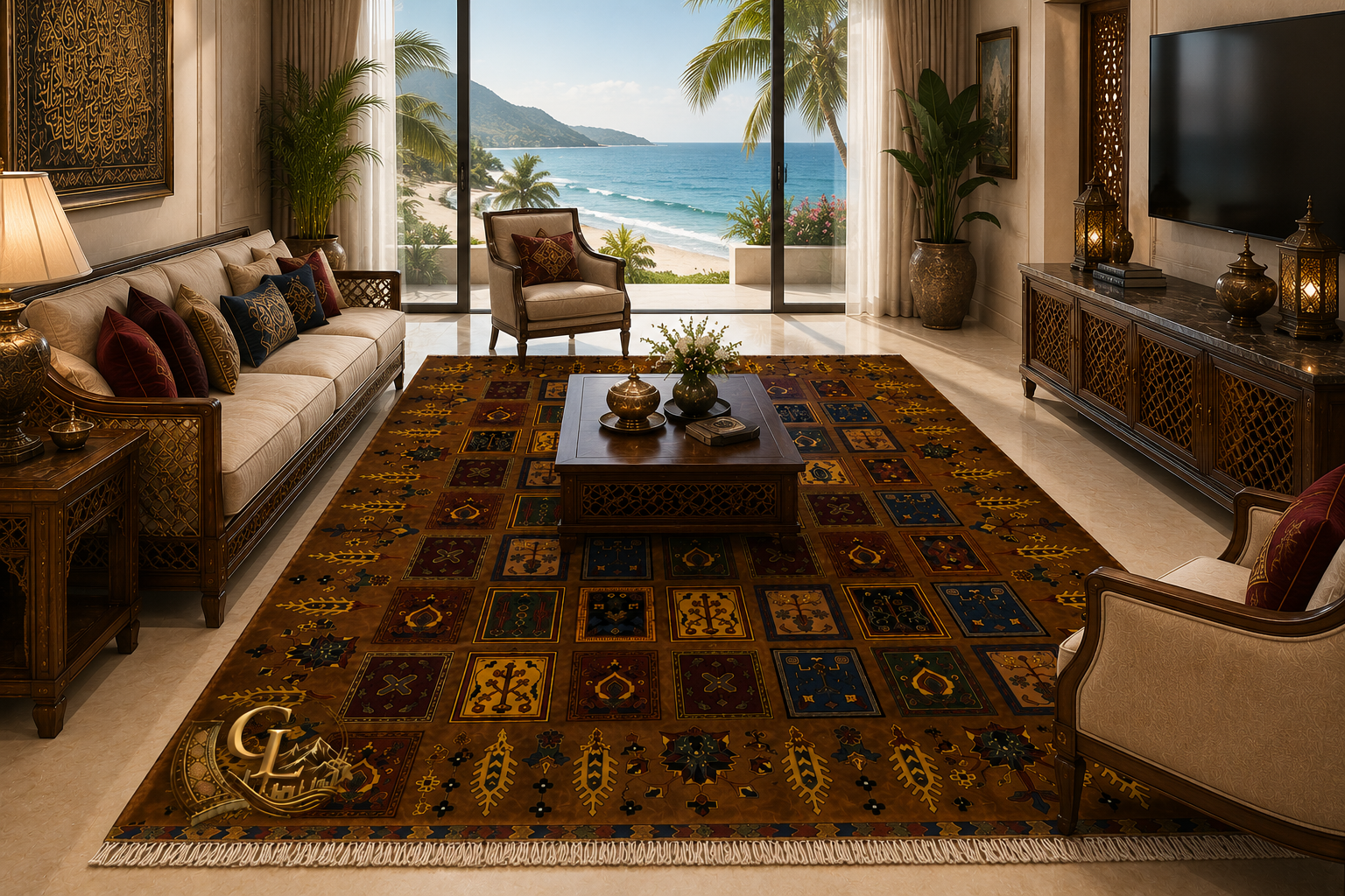 Belzhiki Mirror Design Afghan carpet in a bright luxury living room with ocean view – handmade Turkman wool rug 2x3m, Mazar-e-Sharif, Afghanistan by Golden Loom