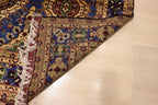 A corner of a hand-knotted Persian rug folded back to display the high-quality weave of the underside, resting on a beige tiled floor