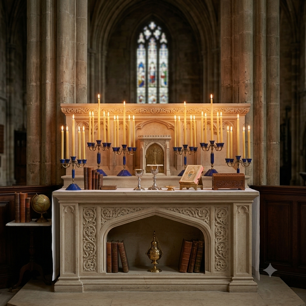 Handcrafted lapis lazuli candelabras arranged on a stone cathedral altar with lit candles and golden chalice, showcasing Afghan artisan craftsmanship — Golden Loom Afghanistan