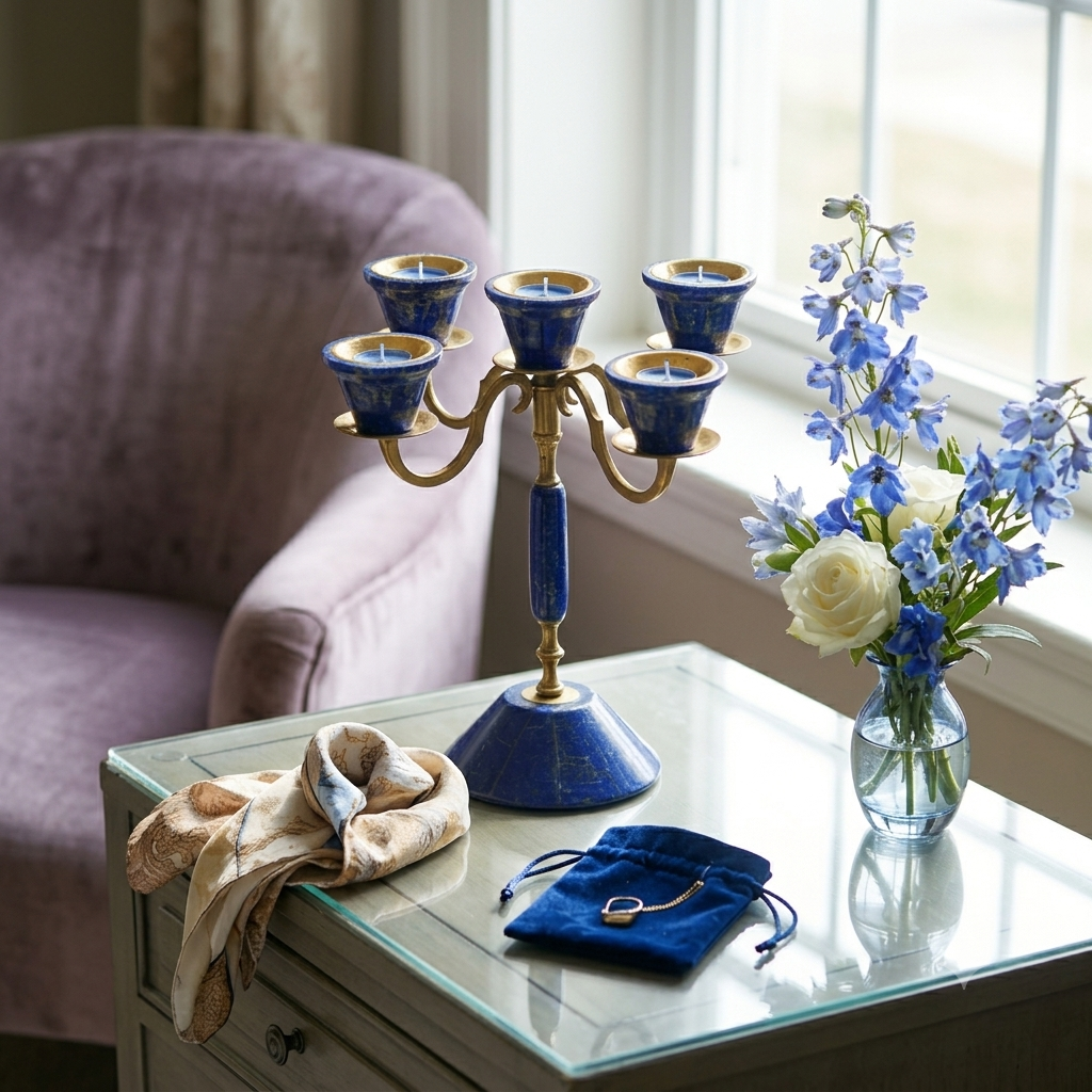 Afghan lapis lazuli 5-cup tealight candelabra on a glass side table with blue flowers, silk scarf, and jewelry pouch — Golden Loom Afghanistan