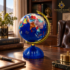 Handcrafted lapis lazuli gemstone world globe displayed in a luxury executive office.