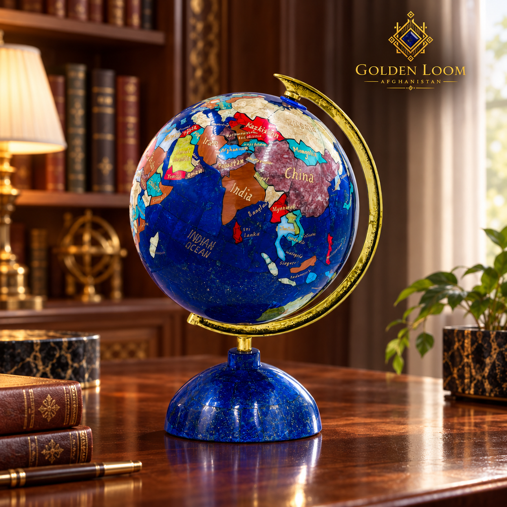 Lapis lazuli and multicolored gemstone globe on a polished desk in an elegant private library.