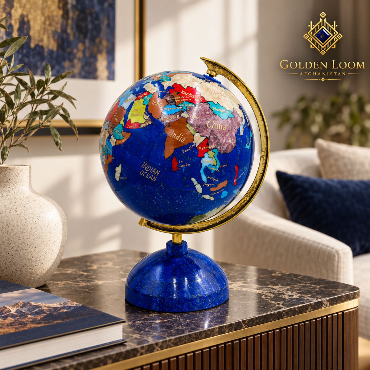 Handcrafted gemstone world globe with brass stand styled in a contemporary luxury living room.