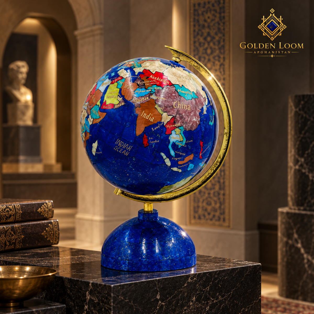 Luxury gemstone globe with lapis lazuli base and brass meridian displayed in an elegant evening study.