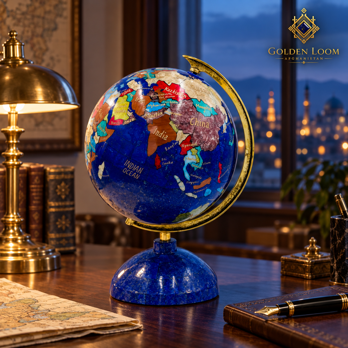Collector’s lapis lazuli world globe displayed on a dark marble pedestal in a refined gallery interior.