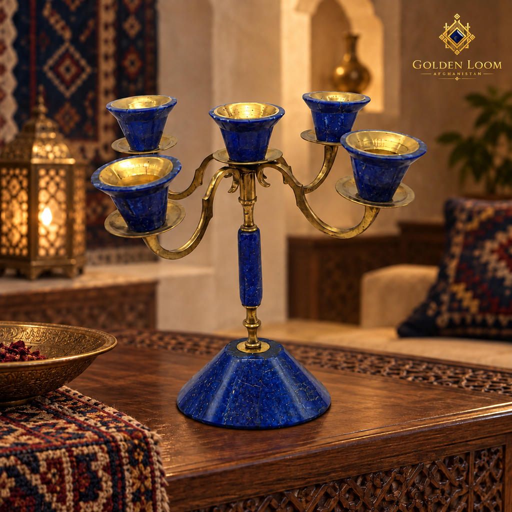 Handcrafted Afghan lapis lazuli five-light candelabrum on a marble dining table in a luxury interior.