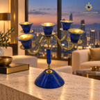 Luxury Afghan lapis lazuli five-light candelabrum in a modern penthouse at dusk.