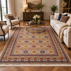 Colorful Afghan area rug arranged in a refined living room beside a cream sofa, fireplace, and wooden sideboard