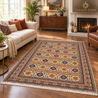 Decorative Afghan area rug beneath a round coffee table in a classic living room with cream seating