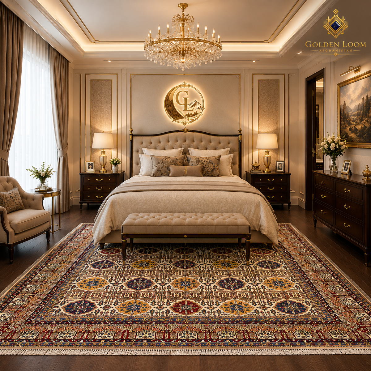 Patterned Afghan area rug placed at the foot of an elegant upholstered bed in a warm, gold-toned bedroom