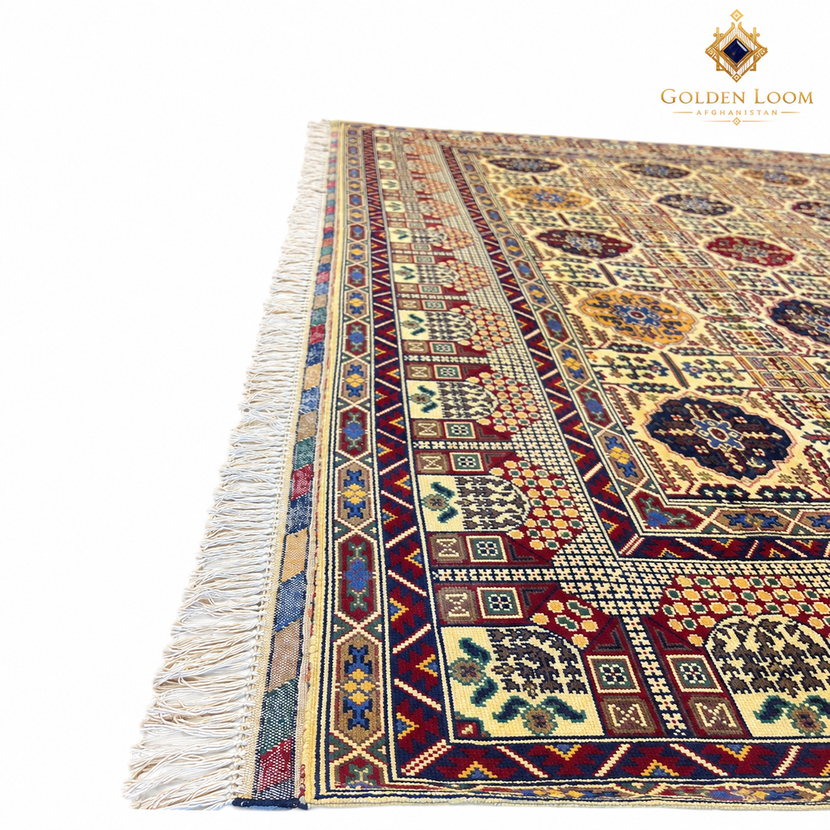 Close-up of an Afghan rug showing its intricate geometric border, multicolored woven details, and fringed edge