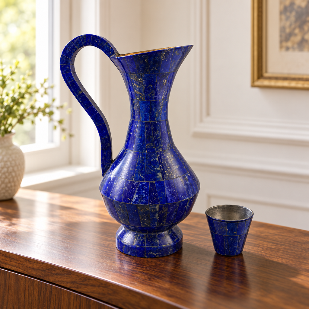 Blue lapis lazuli jug and matching cup reflected on a glossy glass surface, with the Golden Loom Afghanistan logo at the top right.
