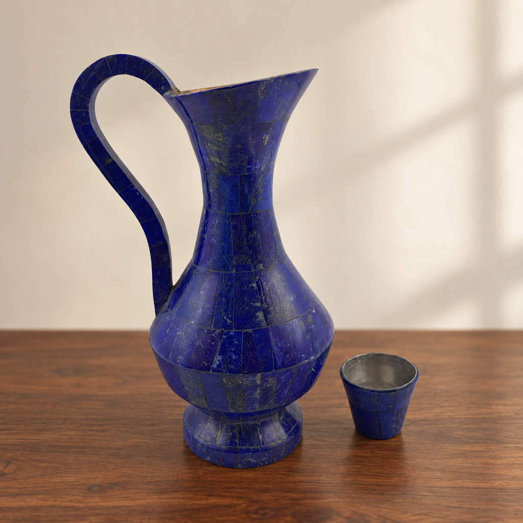 Handmade lapis lazuli jug and matching cup on a walnut console against a softly lit ivory wall.