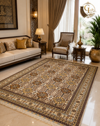 Belzhiki Gandumak hand-knotted Afghan carpet in an Arabian-style luxury living room – ivory field with repeating chocolate brown geometric medallions, multi-stripe border with antique gold accents, white fringe, styled on marble floor with cream sofa, carved wooden furniture, brass dallah and Islamic calligraphy wall art, Golden Loom Afghanistan