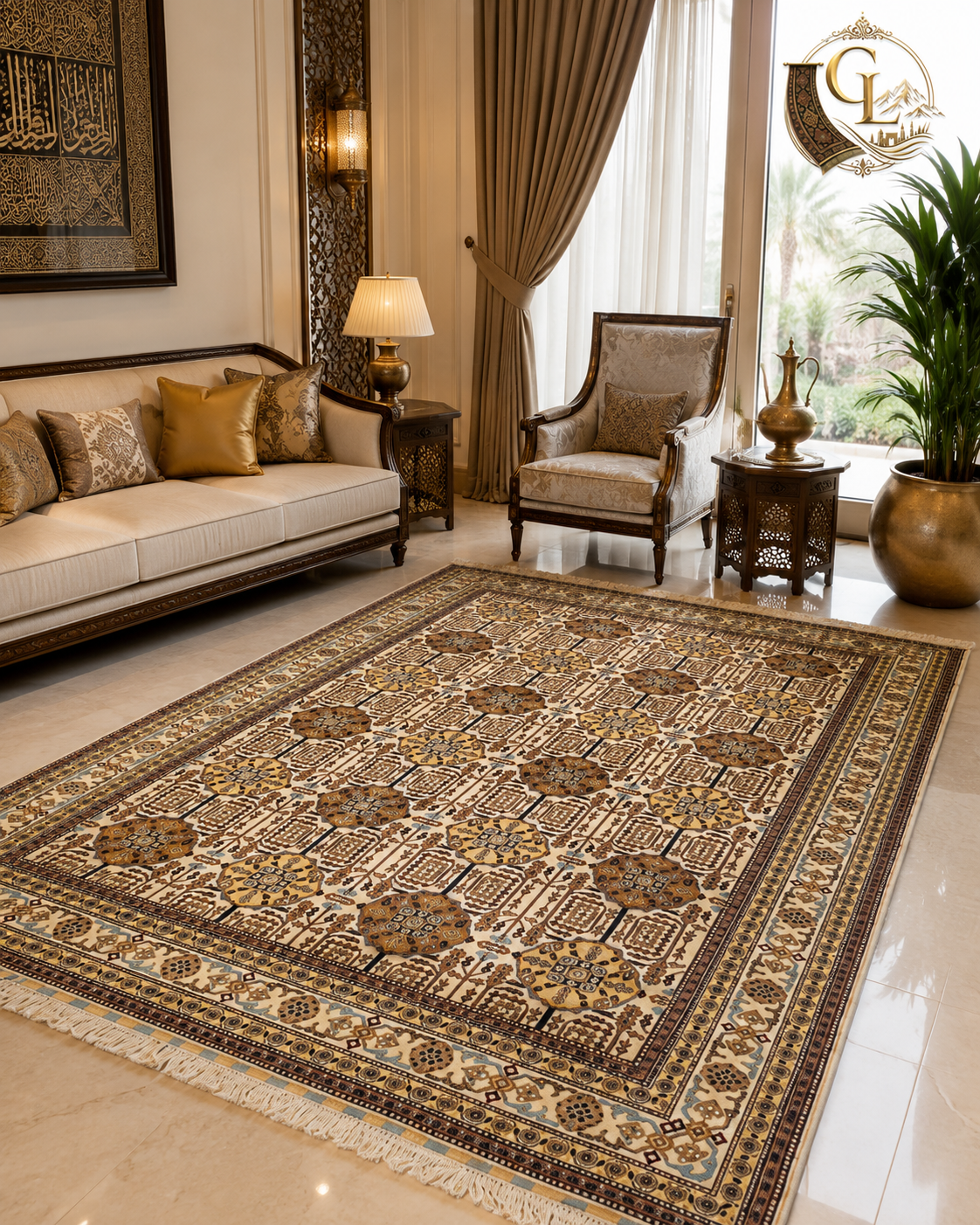 Belzhiki Gandumak hand-knotted Afghan carpet in an Arabian-style luxury living room – ivory field with repeating chocolate brown geometric medallions, multi-stripe border with antique gold accents, white fringe, styled on marble floor with cream sofa, carved wooden furniture, brass dallah and Islamic calligraphy wall art, Golden Loom Afghanistan