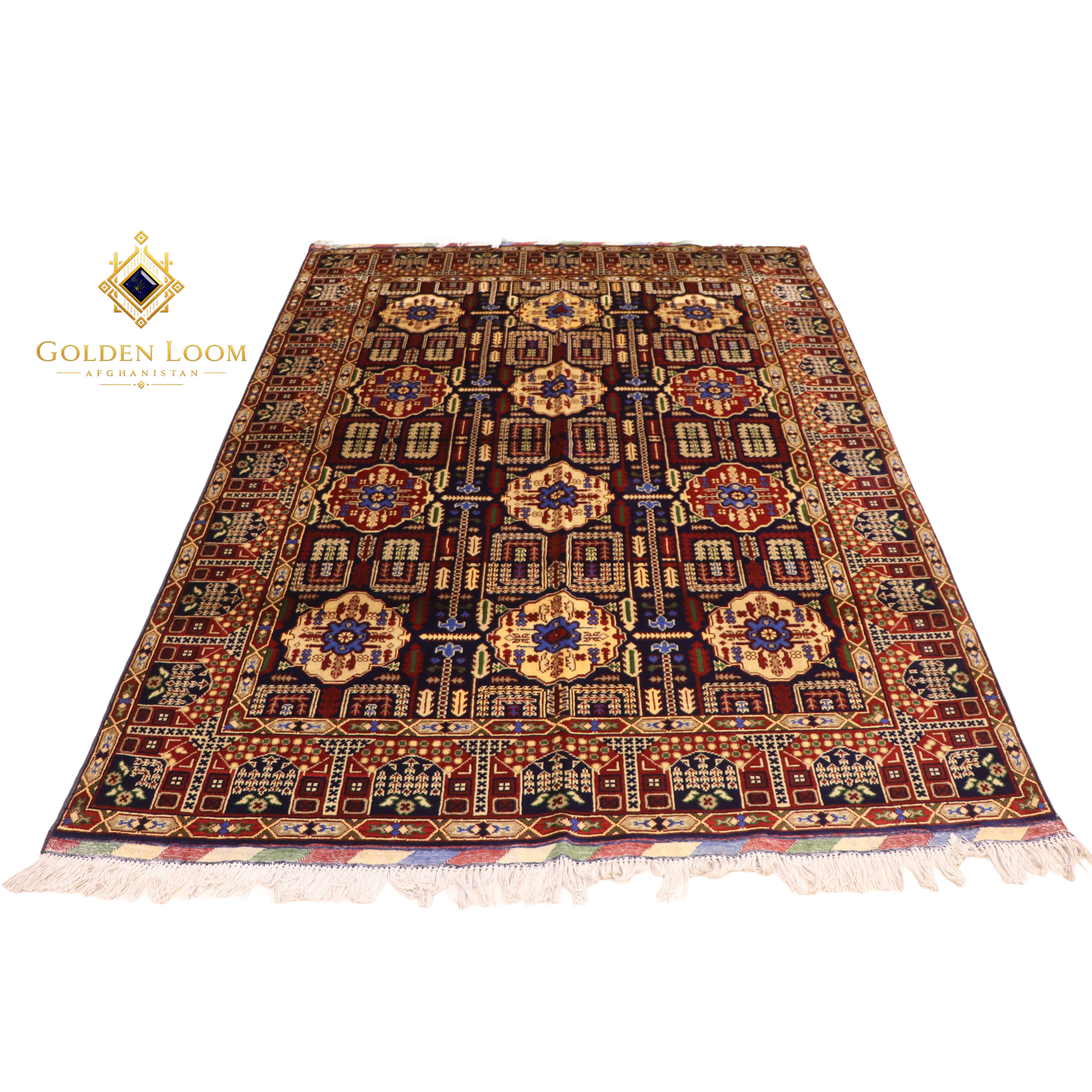 Afghan handwoven Regional Rug Wheat Pattern Blue, angled perspective showing full carpet dimensions, Golden Loom Afghanistan
