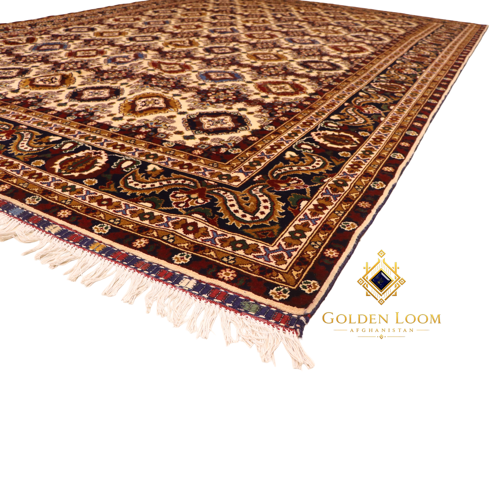 Close-up of hand-knotted Afghan rug border featuring intricate paisley and floral motifs in navy, burgundy, and gold with ivory fringe