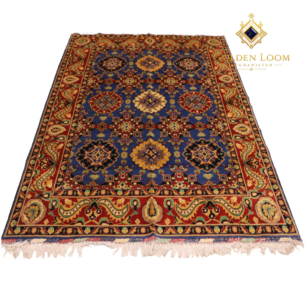 Handmade Afghan Mamluk carpet with royal blue field, crimson border, and multi-medallion design — Golden Loom Afghanistan