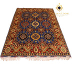 Handmade Afghan Mamluk carpet with royal blue field, crimson border, and multi-medallion design — Golden Loom Afghanistan