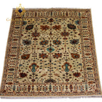 Hand-knotted Afghan Chobi rug with ivory field, multicolor floral boteh motifs and geometric border, square format