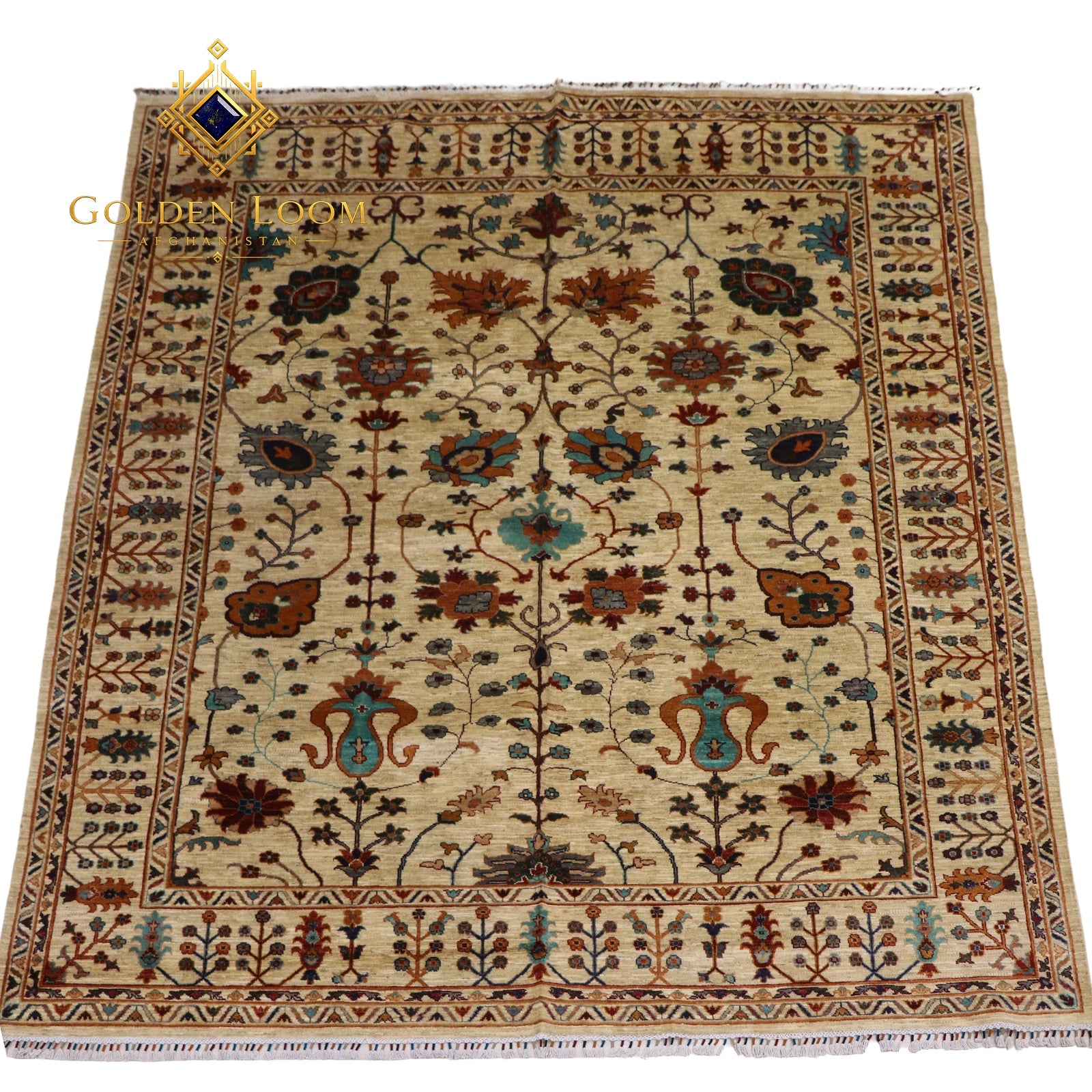 Hand-knotted Afghan Chobi rug with ivory field, multicolor floral boteh motifs and geometric border, square format
