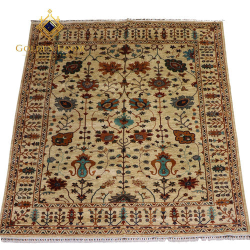 Hand-knotted Afghan Chobi rug with ivory field, multicolor floral boteh motifs and geometric border, square format