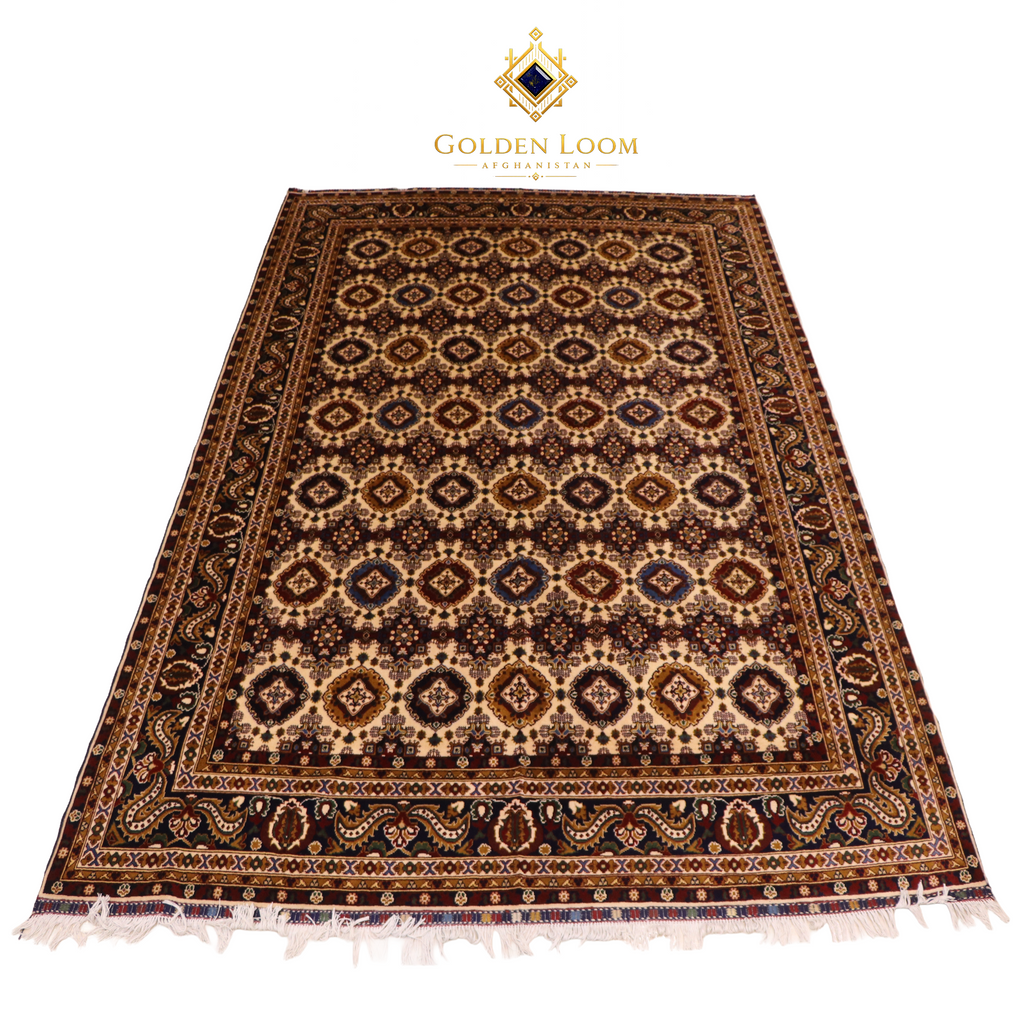 Hand-knotted Afghan wool carpet with all-over diamond medallion pattern in deep burgundy and ivory, Golden Loom Afghanistan