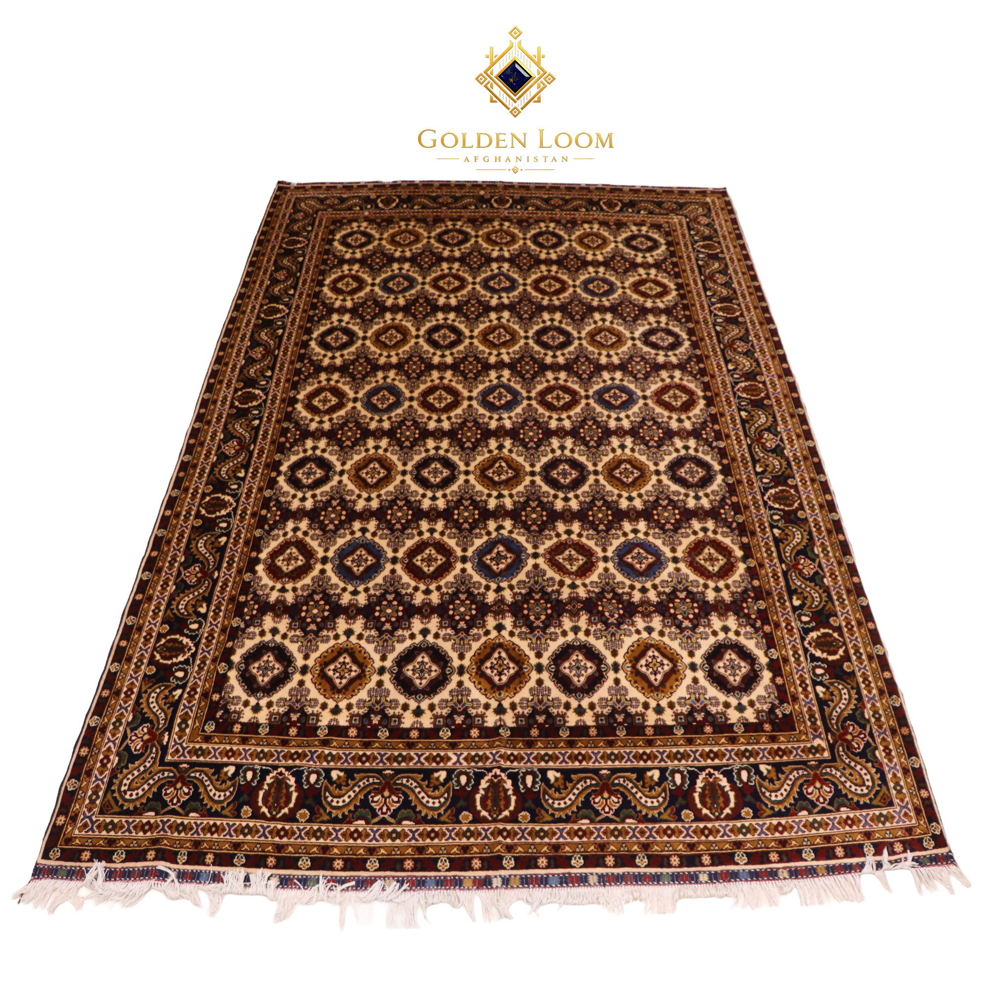 Hand-knotted Afghan wool carpet with all-over diamond medallion pattern in deep burgundy and ivory, Golden Loom Afghanistan