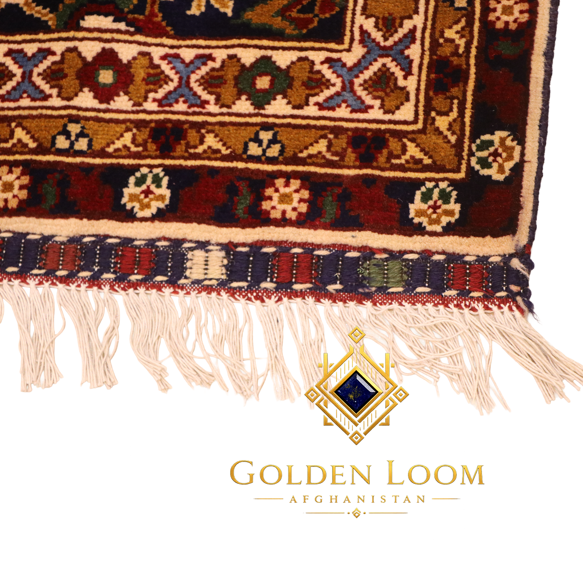 Natural ivory cotton fringe and hand-woven selvedge edge of an authentic Afghan hand-knotted wool carpet, Golden Loom Afghanistan