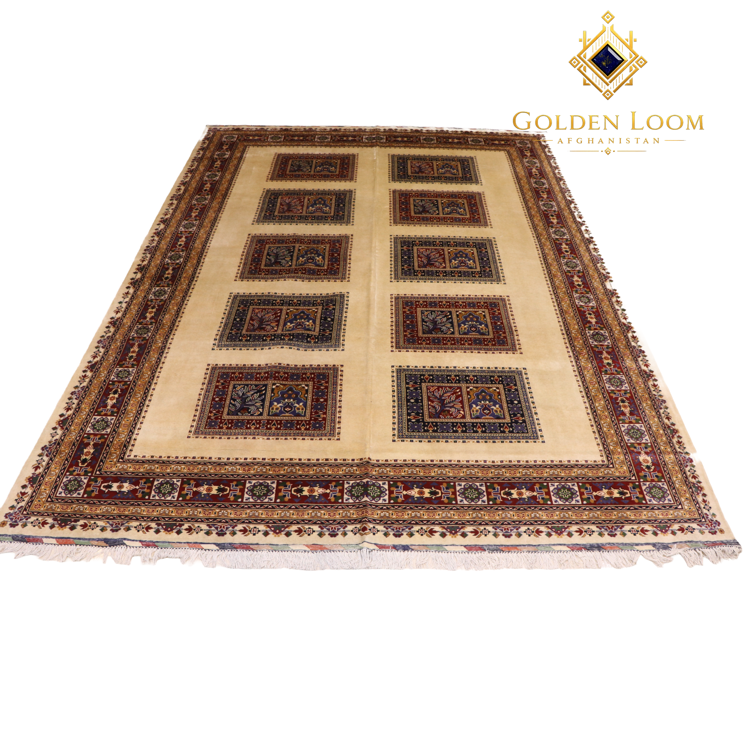 Hand-knotted Afghan wool rug with ivory field, ten decorative panel medallions, and deep burgundy border with geometric fringe — Golden Loom Afghanistan