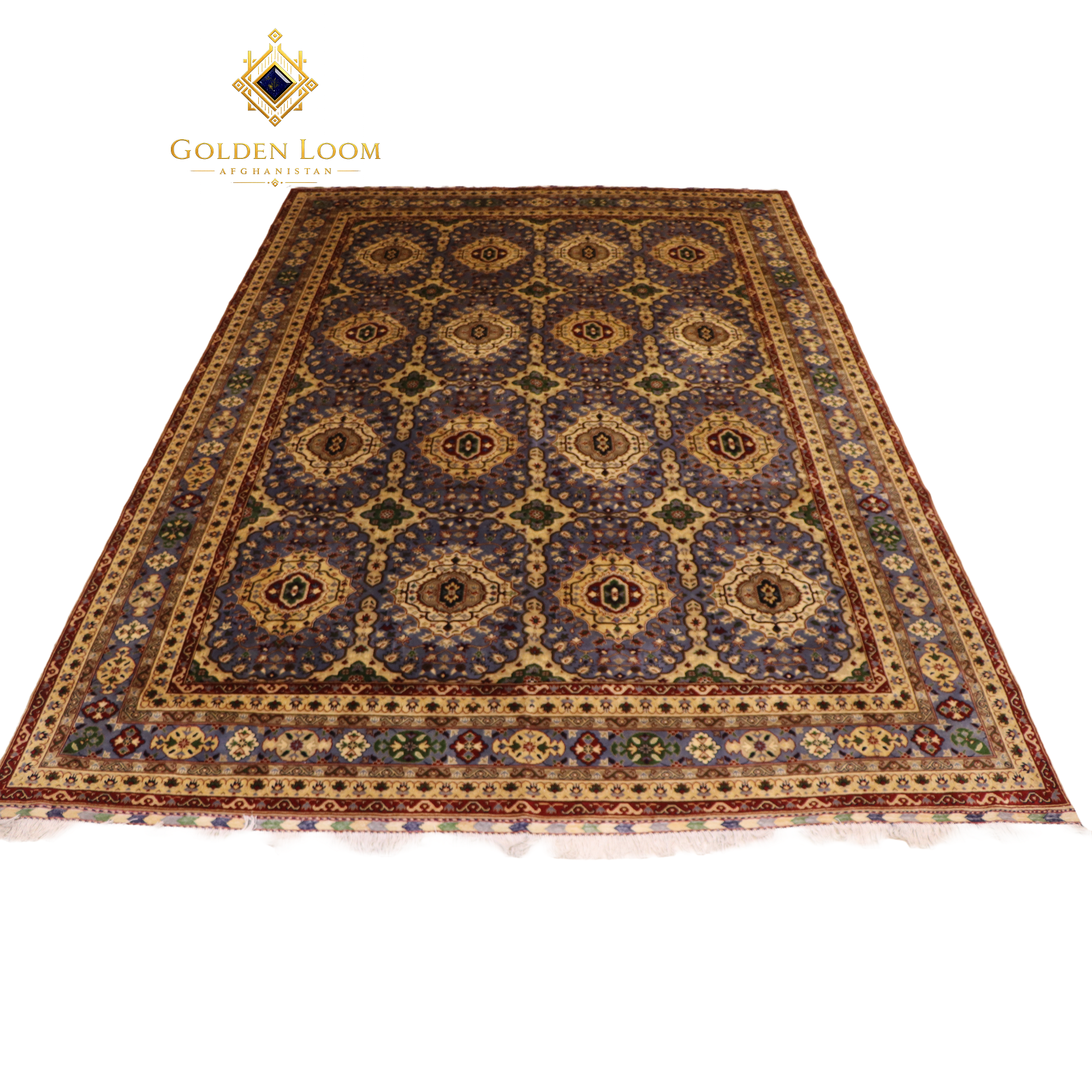 Hand-knotted Afghan area rug with all-over geometric medallion pattern in slate blue and gold, featuring a multi-border frame with crimson guard stripes and ivory fringe