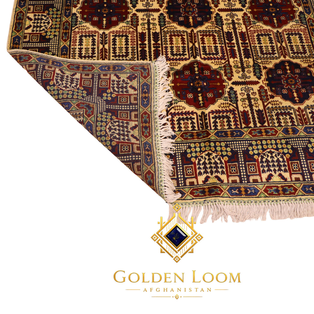 The Mazar-e-Sharif Wheat Legacy highlighting its hand-knotted pattern, natural wool and artisan craftsmanship.