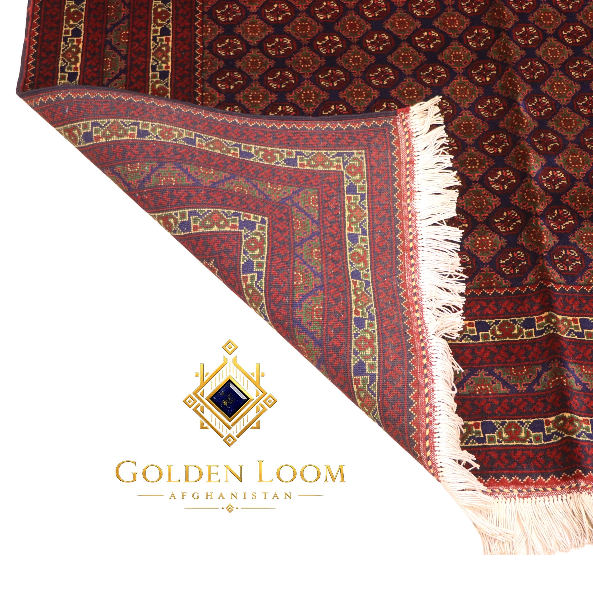 Folded Afghan carpet showing reverse side and intricate multi-border detail with navy, gold, and crimson geometric patterns — Golden Loom Afghanistan