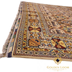 Afghan Mamluk hand-knotted wool rug back detail showing dense pile, geometric tribal pattern in gold, ivory and multicolor with hand-tied fringe