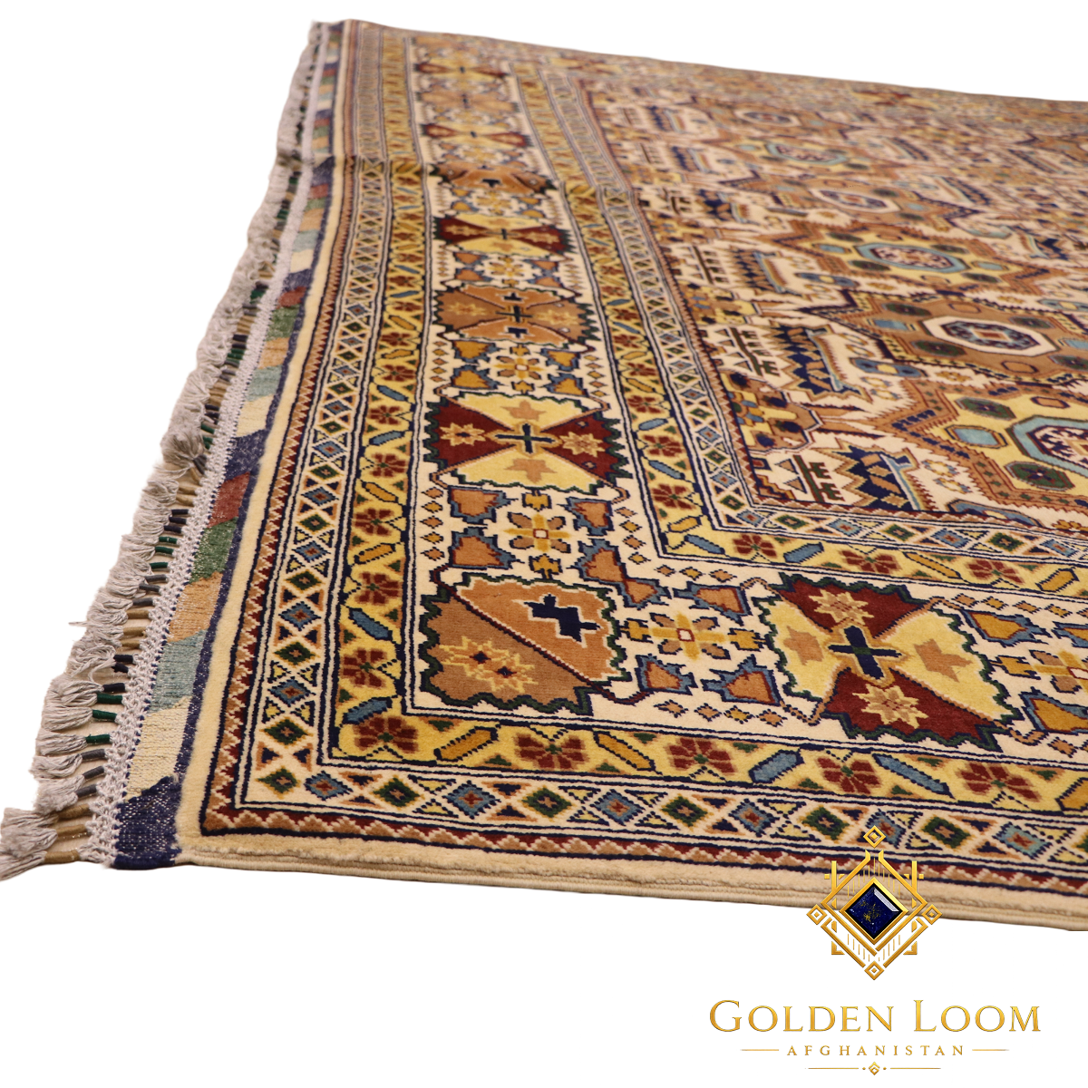 Afghan Mamluk hand-knotted wool rug back detail showing dense pile, geometric tribal pattern in gold, ivory and multicolor with hand-tied fringe