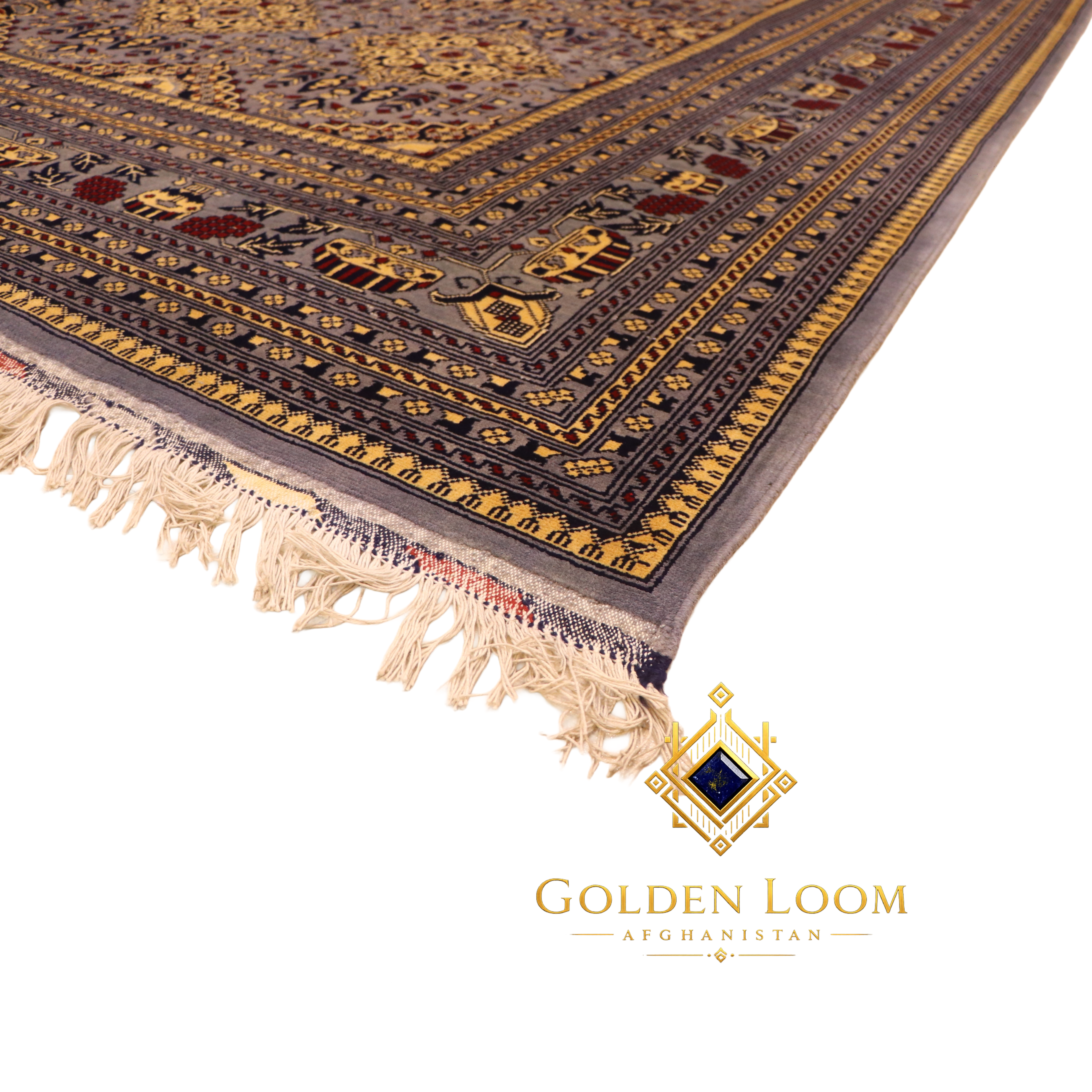 Angled side view of hand-knotted Afghan carpet highlighting multi-layered gold and navy border with ivory knotted fringe on white background