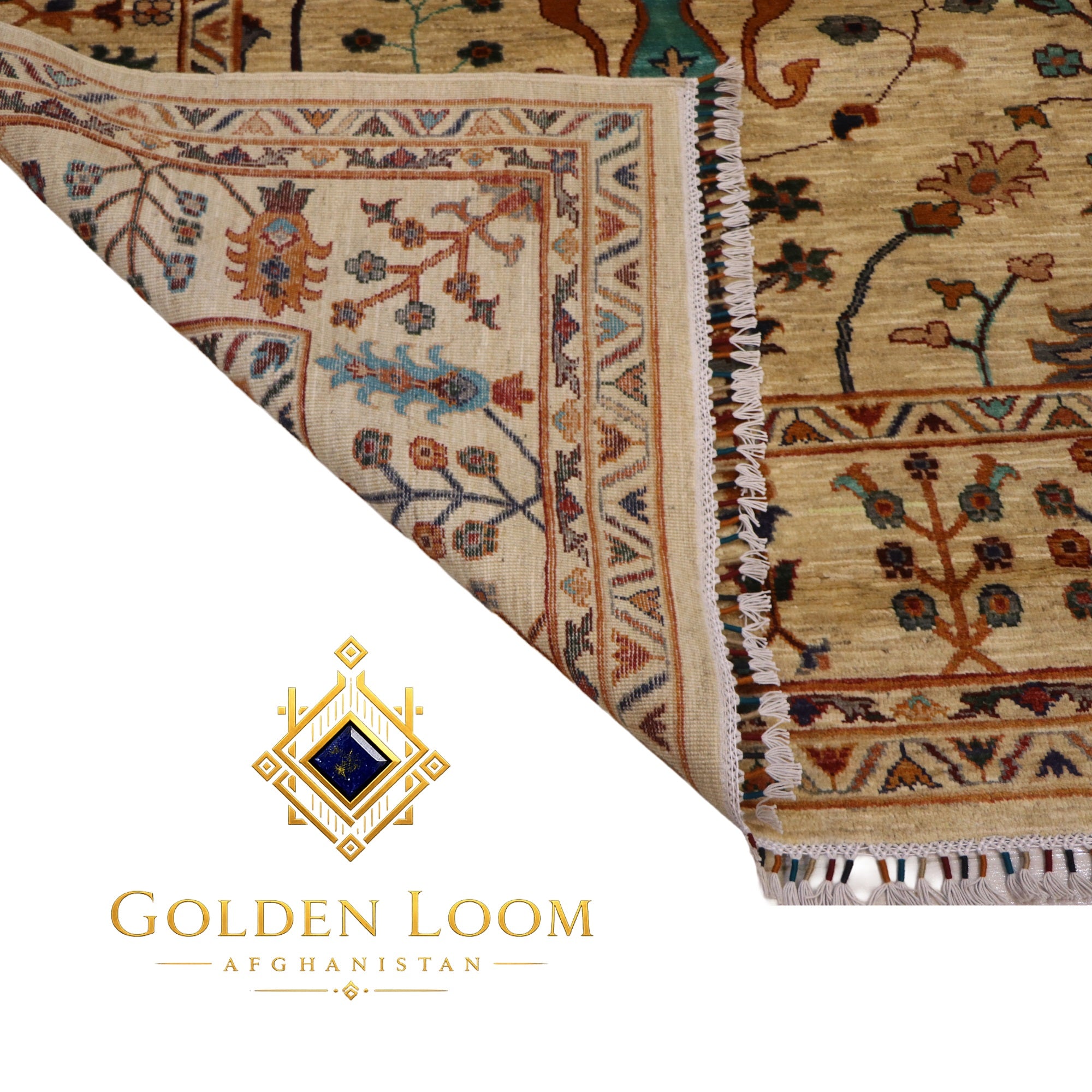 A close-up of a patterned area rug corner with cream, tan, rust, and blue floral motifs and fringe, shown on a white background with the Golden Loom Afghanistan logo below.