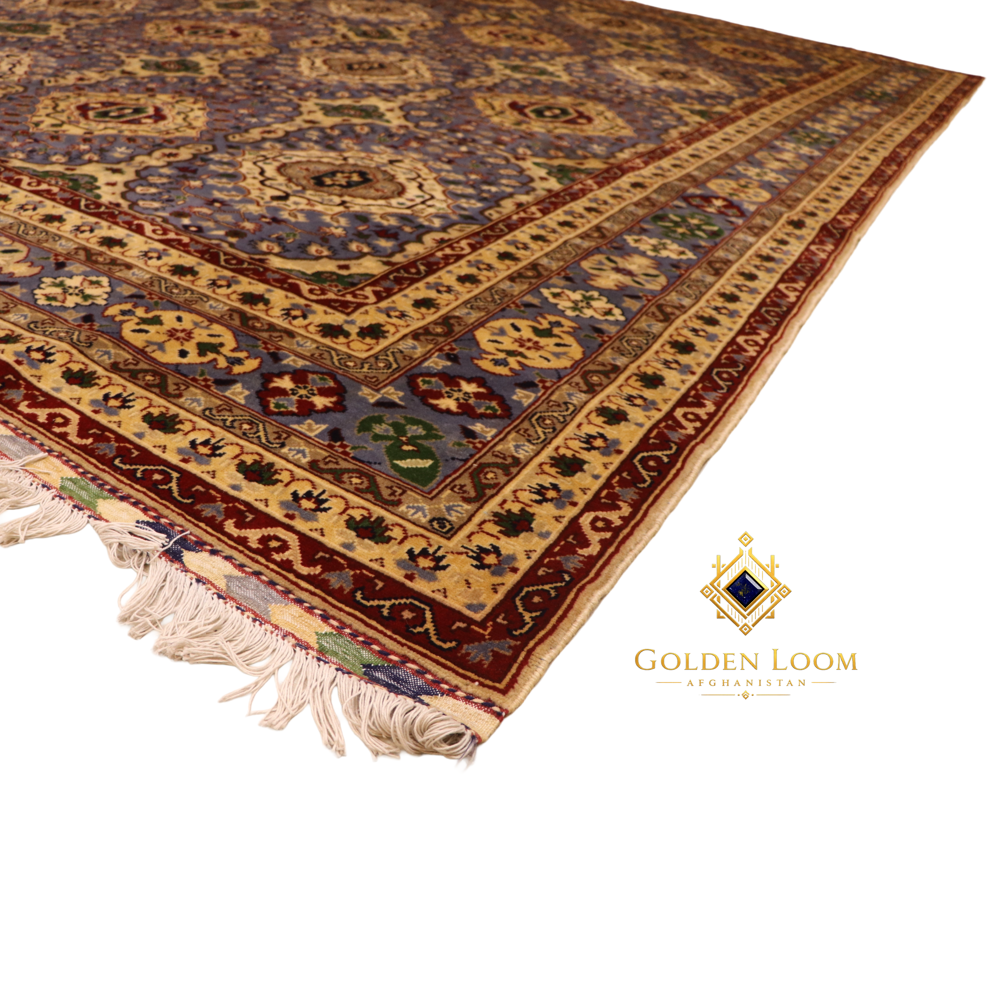 Low-angle view of the corner of a hand-knotted Afghan rug highlighting the multi-layered border in ivory and burgundy with botanical motifs and hand-tied fringe