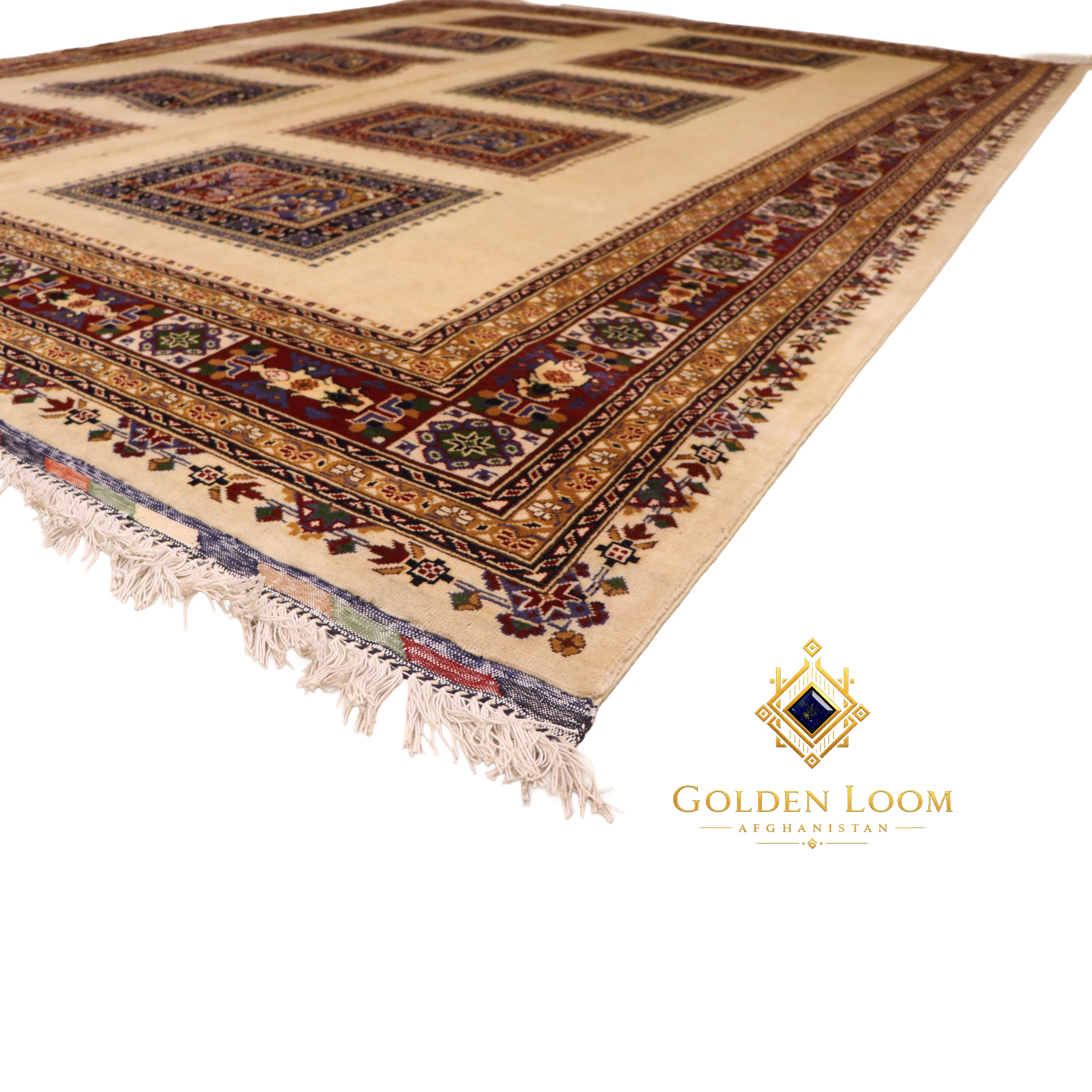 Close-up of hand-knotted Afghan rug corner showing layered geometric border bands in burgundy, gold, and ivory with natural wool fringe