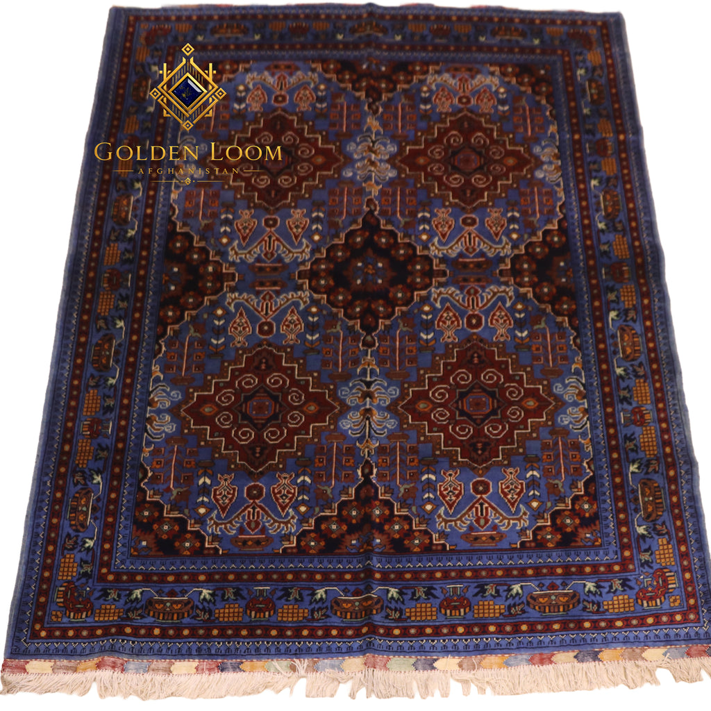 Afghan Mamluk hand-knotted wool carpet, royal blue field with burgundy geometric medallions and ivory fringe, full product view — Golden Loom Afghanistan