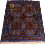 Afghan Mamluk hand-knotted wool carpet, royal blue field with burgundy geometric medallions and ivory fringe, full product view — Golden Loom Afghanistan