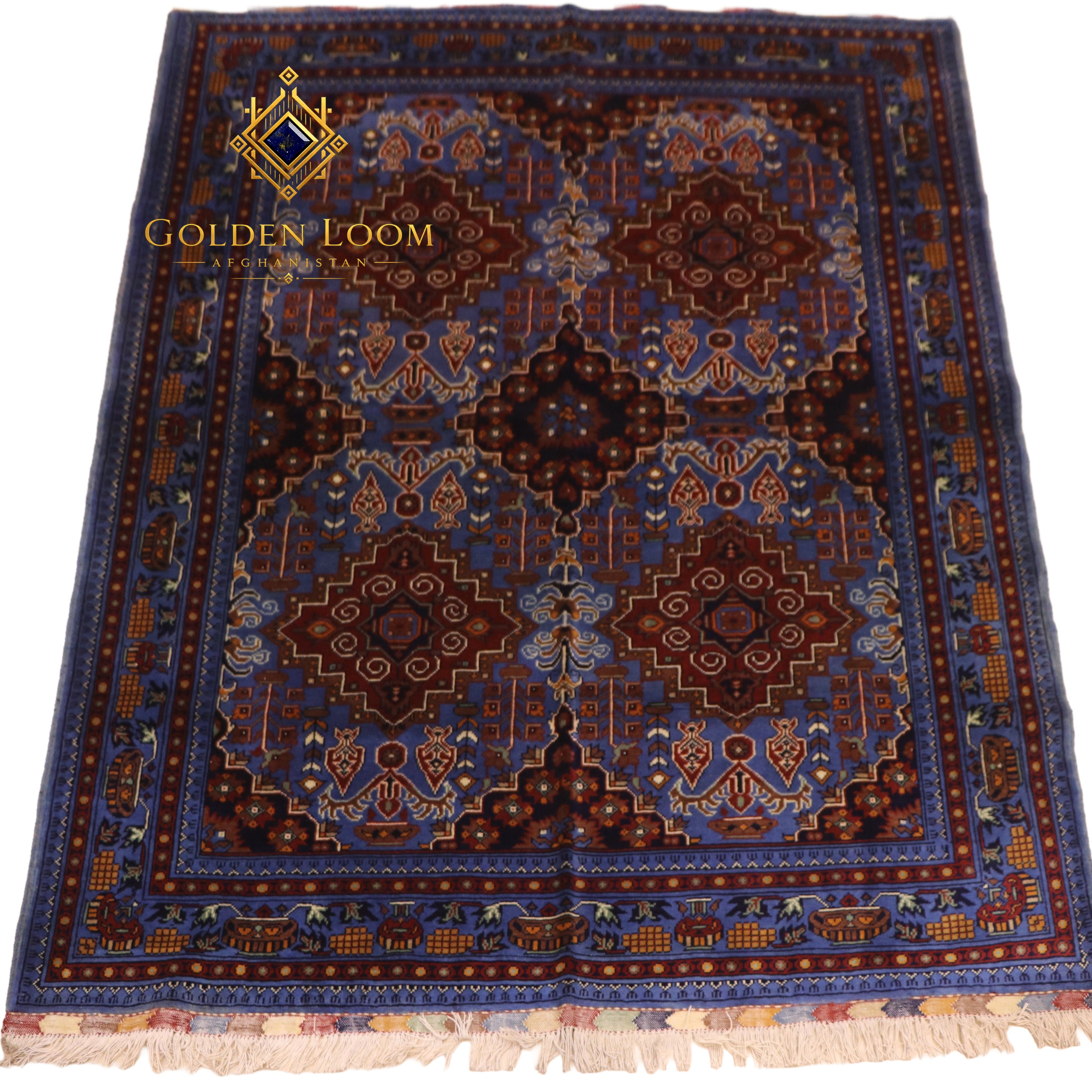 Afghan Mamluk hand-knotted wool carpet, royal blue field with burgundy geometric medallions and ivory fringe, full product view — Golden Loom Afghanistan