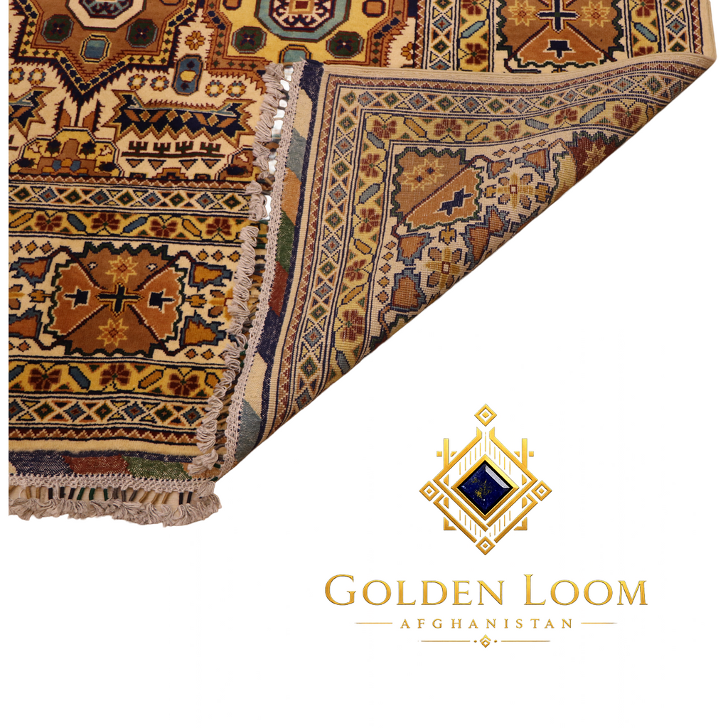 Afghan hand-knotted Mamluk area rug corner detail with ivory field, multicolor geometric border and hand-tied wool fringe on white background