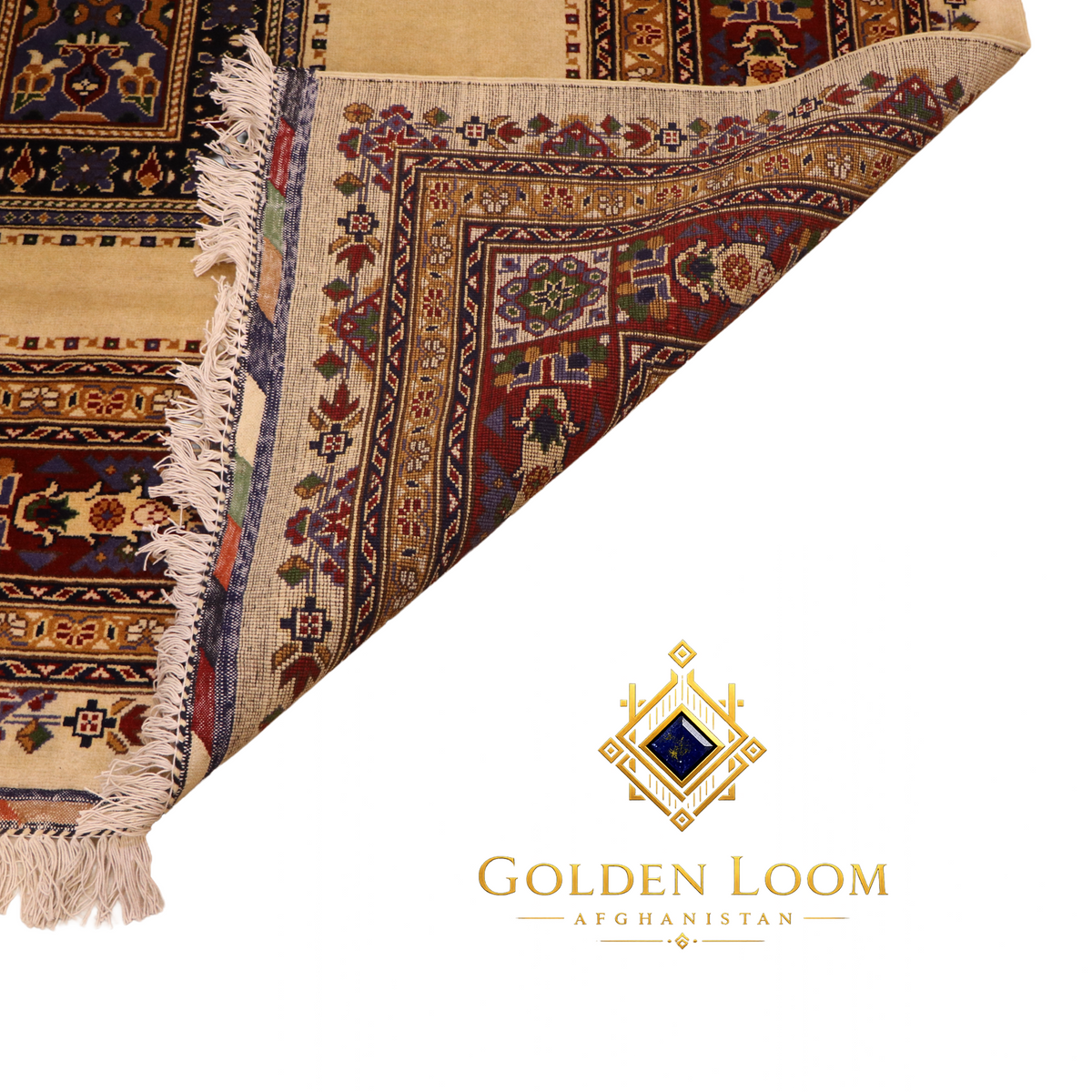 A folded traditional rug with cream, red, blue, and gold patterns and fringe, shown on a white background, Golden Loom Afghanistan.