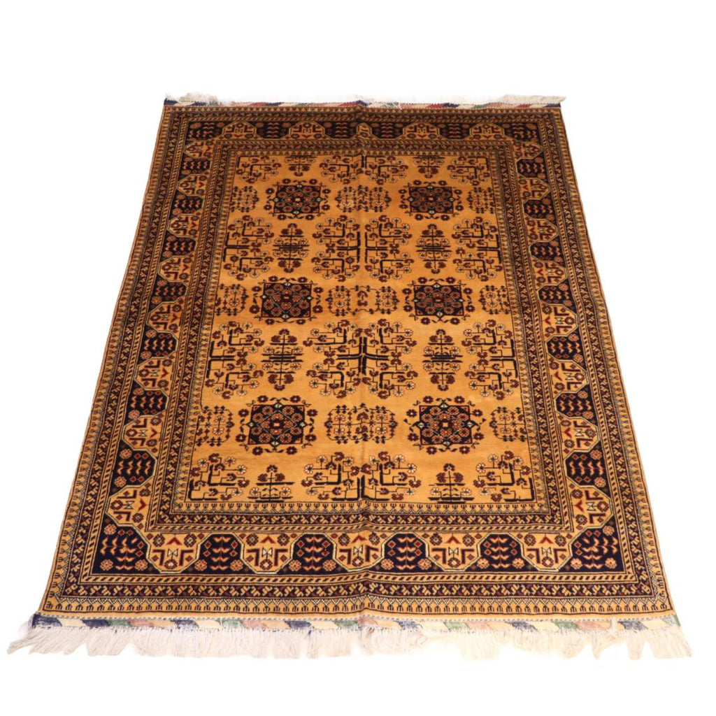 The Jawzjan Golden Bokhara Legacy highlighting its hand-knotted pattern, natural wool and artisan craftsmanship.