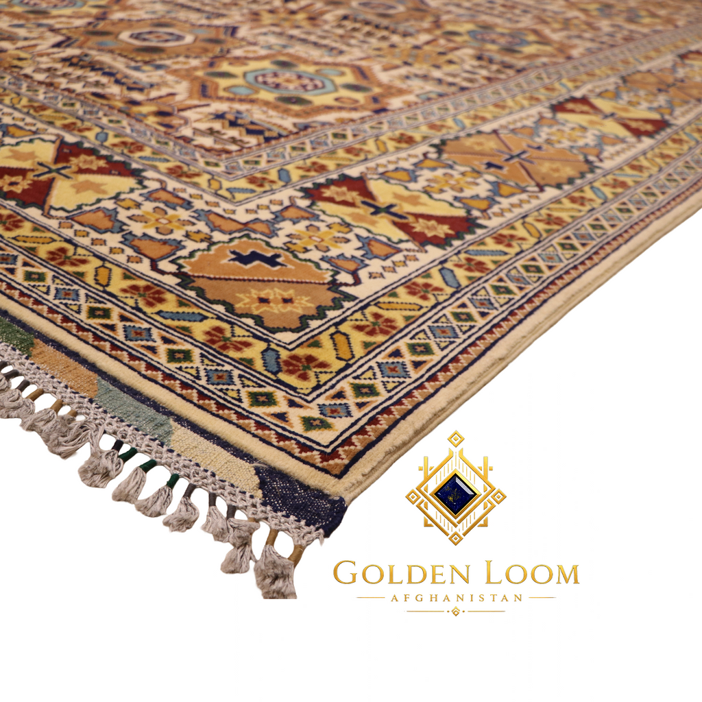 Afghan Mamluk hand-knotted wool rug side view showing layered geometric border in gold, ivory, burgundy and blue with natural wool fringe