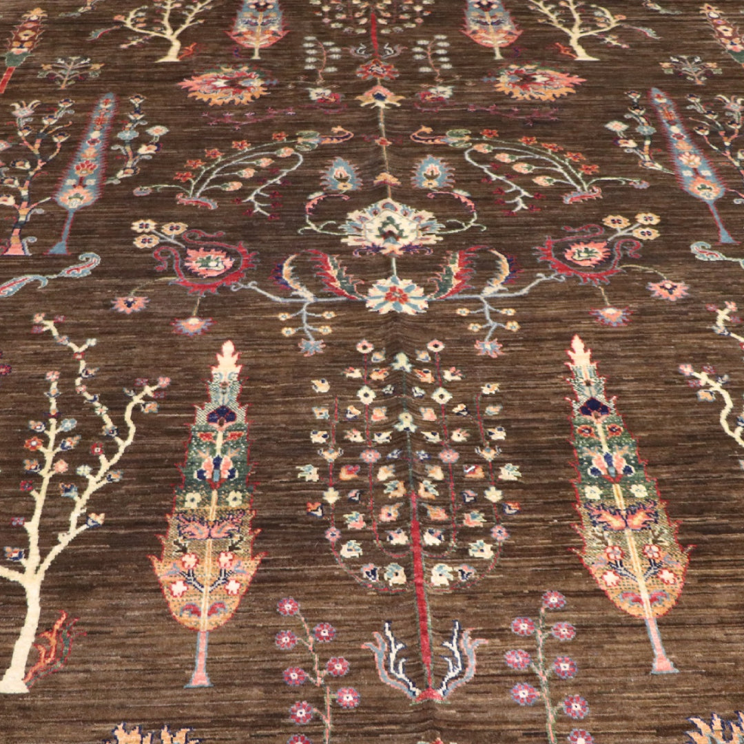 The Jawzjan Chobi Chinar Legacy highlighting its hand-knotted pattern, natural wool and artisan craftsmanship.
