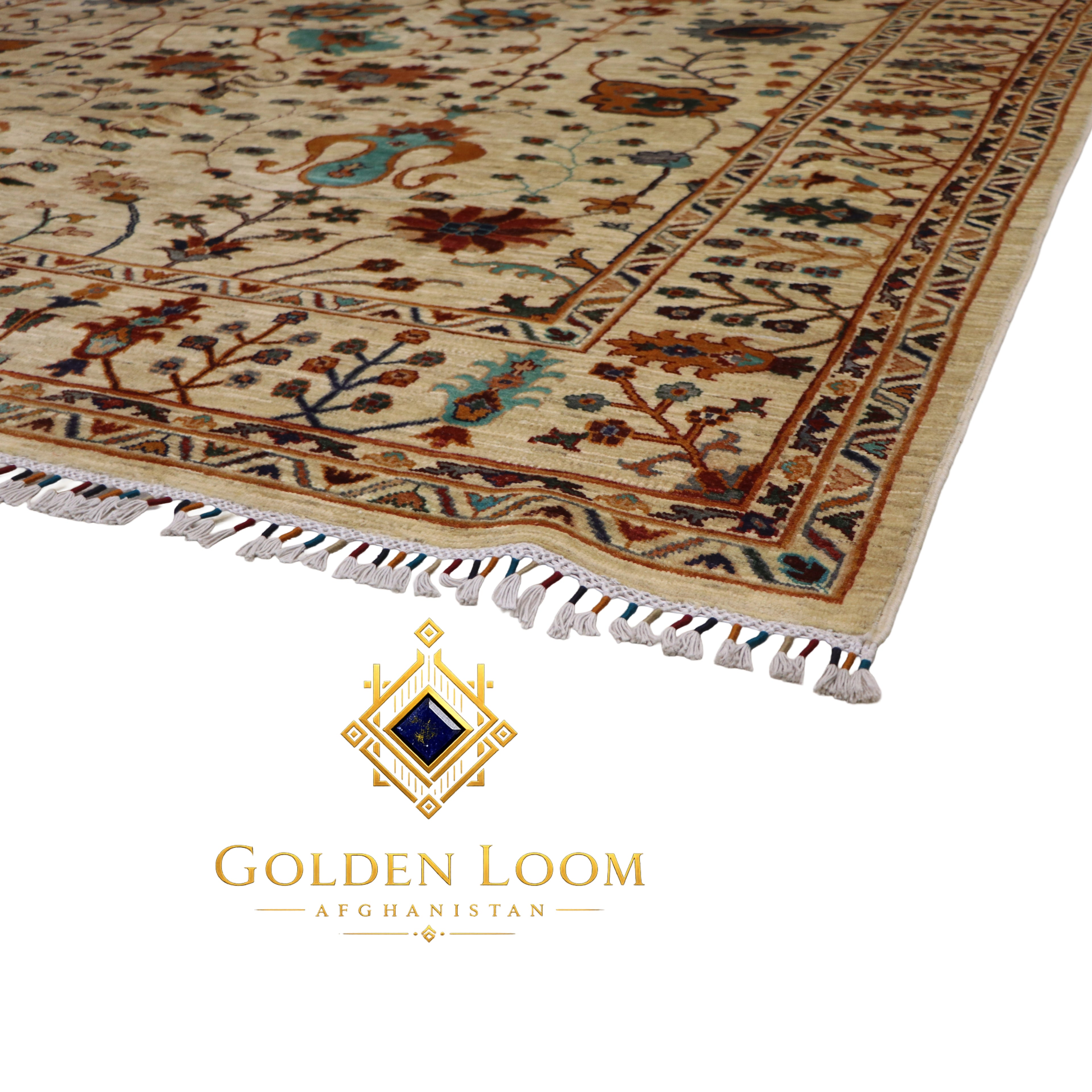 Close-up corner detail of hand-knotted Afghan Chobi rug showing ivory wool pile teal floral motifs rust botanical border and hand-tied fringe